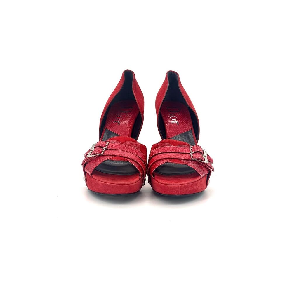 Dior John Galliano Red Double Buckle Snakeskin Peep Toe Platform Pumps 39.5 - Picture 2 of 10